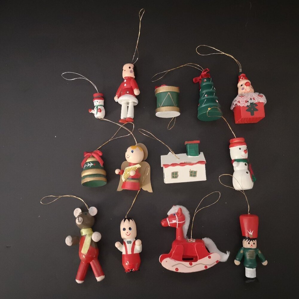 Vintage Lot of 13 Wooden Miniature Hanging Christmas Tree Ornaments (Lot #2)